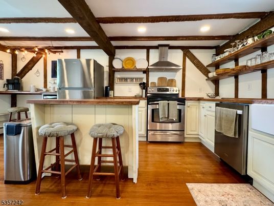 Interior, Kitchen, Recessed Lighting, Stainless Steel Appliances, Wooden Beams, Wood Texture Flooring