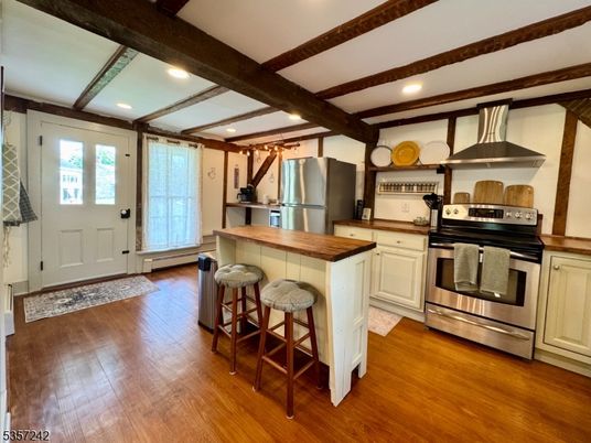 Interior, Kitchen, Recessed Lighting, Stainless Steel Appliances, Wooden Beams, Wood Texture Flooring