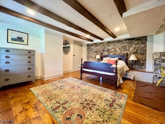 Bedroom, Interior, Recessed Lighting, Stone Walls, Wooden Beams, Wood Texture Flooring