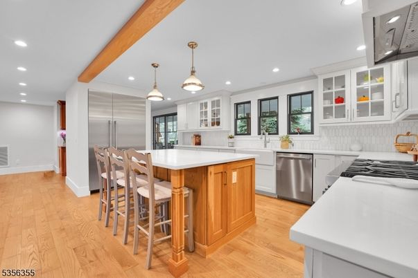 Interior, Kitchen, Pendant Lights, Recessed Lighting, Stainless Steel Appliances, Wooden Beams, Wood Texture Flooring