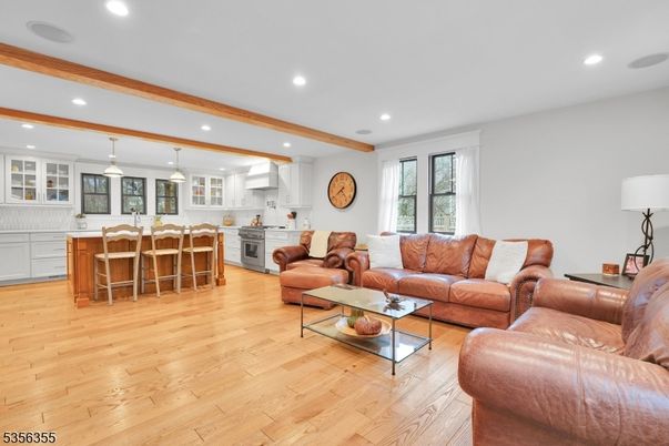 Interior, Kitchen, Living room, Pendant Lights, Recessed Lighting, Wooden Beams, Wood Texture Flooring