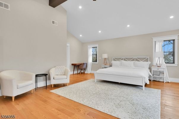 Bedroom, Interior, Recessed Lighting, Wooden Beams, Wood Texture Flooring