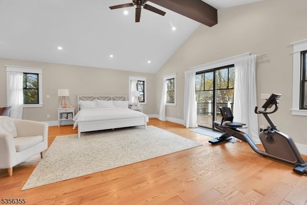 Bedroom, Fitness Equipment, Interior, Recessed Lighting, Wooden Beams, Wood Texture Flooring