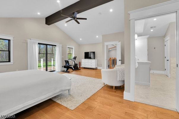Bedroom, Interior, Recessed Lighting, Wooden Beams, Wood Texture Flooring