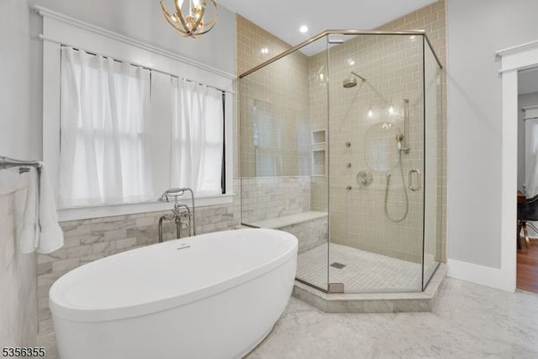Bathroom, Free Standing Baths, Glass Shower, Interior, Marble, Recessed Lighting