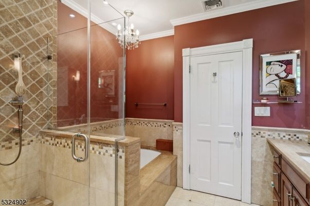 Bathroom, Chandelier, Glass Shower, Interior, Recessed Lighting
