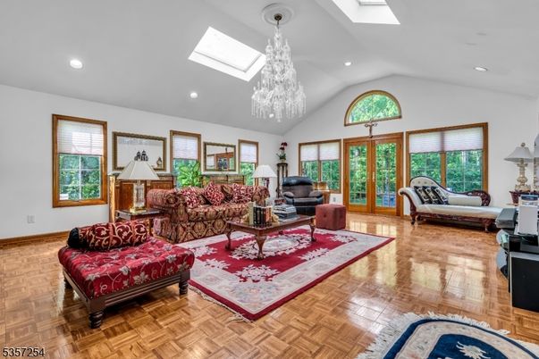 Chandelier, Interior, Living room, Recessed Lighting, Wood Texture Flooring