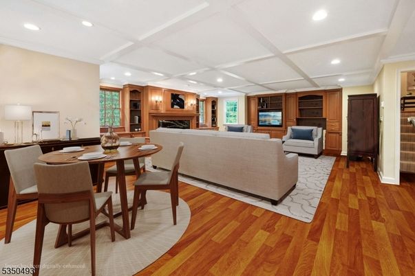 Dining room, Fireplace, Interior, Living room, Recessed Lighting, Wood Texture Flooring