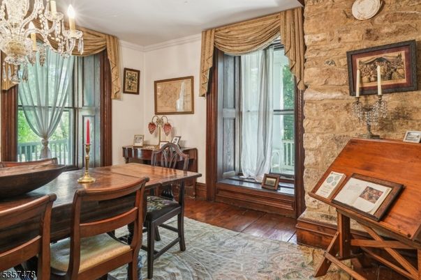 Chandelier, Dining room, Interior, Stone Walls, Wood Texture Flooring