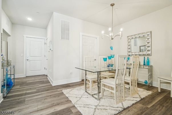Dining room, Interior, Pendant Lights, Recessed Lighting, Wood Texture Flooring