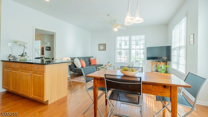 Dining room, Interior, Living room, Pendant Lights, Recessed Lighting, Wood Texture Flooring