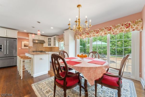 Chandelier, Dining room, Interior, Kitchen, Pendant Lights, Recessed Lighting, Wood Texture Flooring