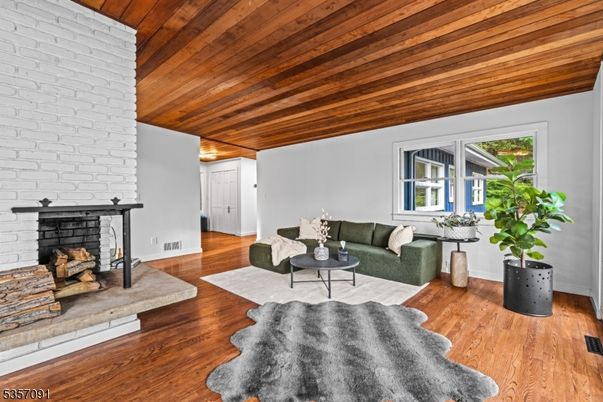 Fireplace, Interior, Living room, Stone Walls, Wooden Ceilings, Wood Texture Flooring