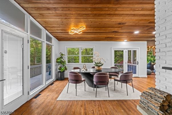 Dining room, Interior, Recessed Lighting, Stone Walls, Wooden Ceilings, Wood Texture Flooring