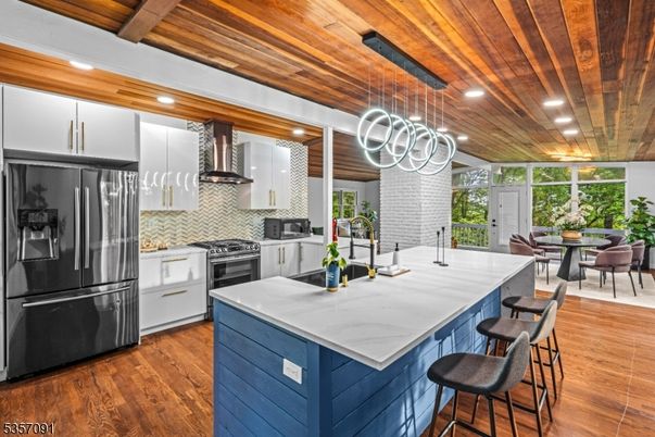 Dining room, Interior, Kitchen, Pendant Lights, Recessed Lighting, Stainless Steel Appliances, Wooden Beams, Wooden Ceilings, Wood Texture Flooring