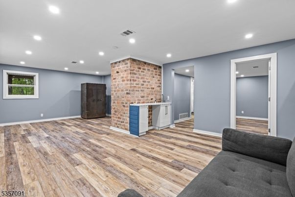 Empty room, Interior, Kitchen, Recessed Lighting, Stone Walls, Wood Texture Flooring
