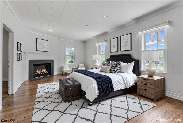 Bedroom, Fireplace, Interior, Recessed Lighting, Wood Texture Flooring