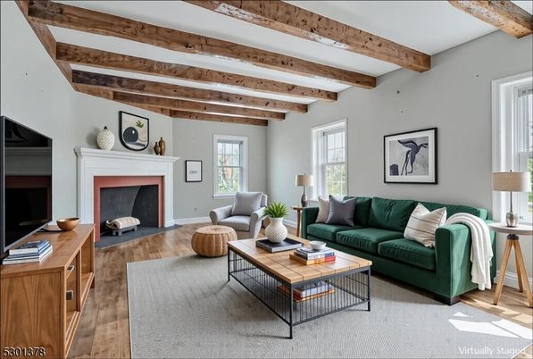 Fireplace, Interior, Living room, Wooden Beams, Wood Texture Flooring