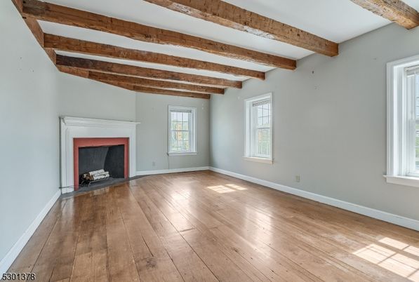Empty room, Fireplace, Interior, Wooden Beams, Wood Texture Flooring