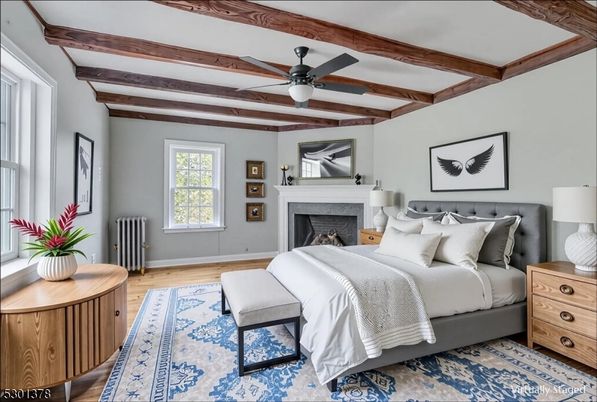 Bedroom, Fireplace, Interior, Wooden Beams, Wood Texture Flooring