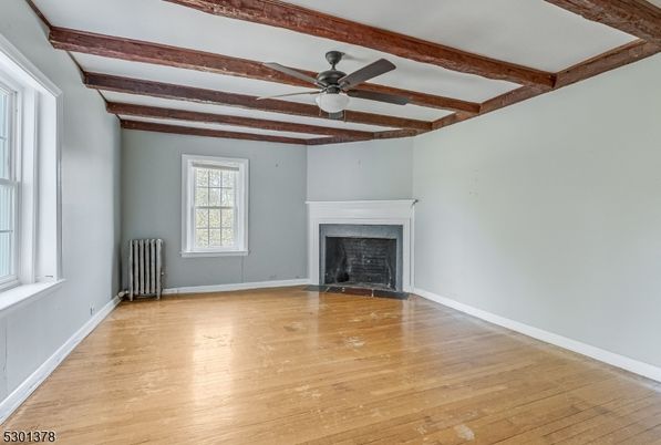 Empty room, Fireplace, Interior, Wooden Beams, Wood Texture Flooring