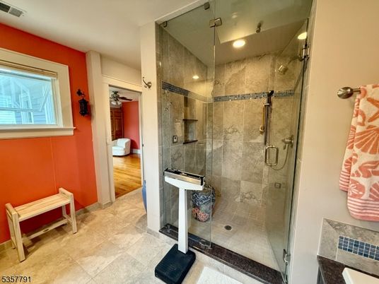 Bathroom, Glass Shower, Interior, Recessed Lighting, Wood Texture Flooring
