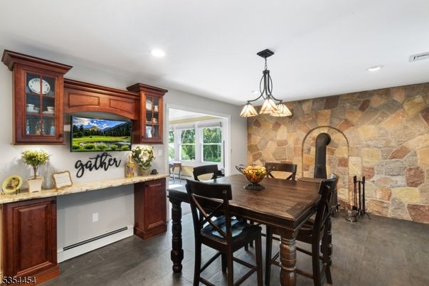 Dining room, Interior, Pendant Lights, Recessed Lighting, Stone Walls