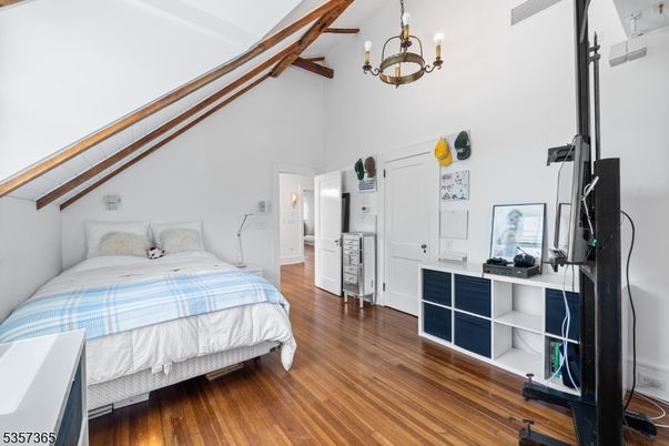 Bedroom, Chandelier, Interior, Pendant Lights, Wooden Beams, Wood Texture Flooring
