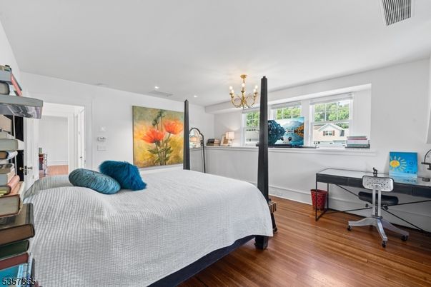 Bedroom, Chandelier, Home Office, Interior, Recessed Lighting, Wood Texture Flooring