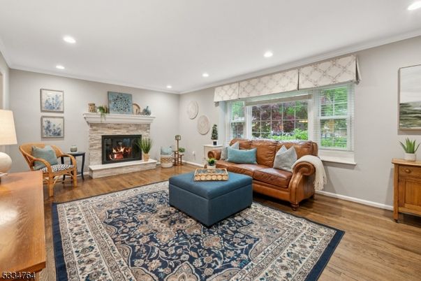 Fireplace, Interior, Living room, Recessed Lighting, Wood Texture Flooring