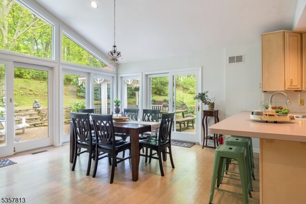 Dining room, Interior, Pendant Lights, Recessed Lighting, Wood Texture Flooring