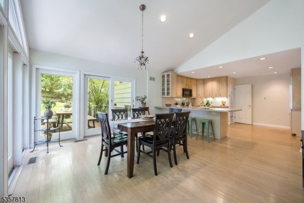 Dining room, Interior, Kitchen, Pendant Lights, Recessed Lighting, Wood Texture Flooring