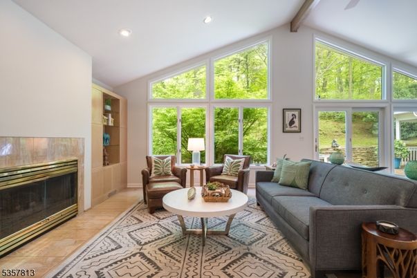 Fireplace, Interior, Living room, Recessed Lighting, Wooden Beams, Wood Texture Flooring