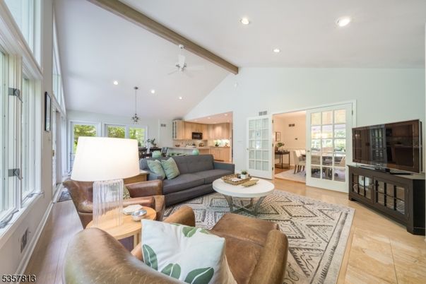 Interior, Kitchen, Living room, Pendant Lights, Recessed Lighting, Stainless Steel Appliances, Wooden Beams, Wood Texture Flooring