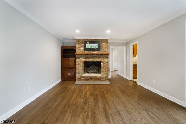Empty room, Fireplace, Interior, Recessed Lighting, Wood Texture Flooring