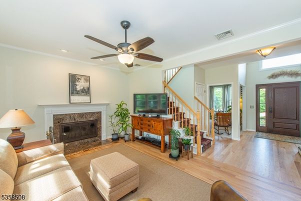 Fireplace, Interior, Living room, Recessed Lighting, Wood Texture Flooring
