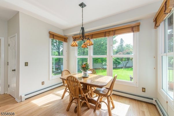 Dining room, Interior, Pendant Lights, Wood Texture Flooring
