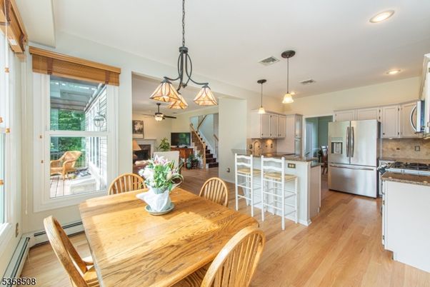Dining room, Interior, Kitchen, Pendant Lights, Recessed Lighting, Stainless Steel Appliances, Wood Texture Flooring