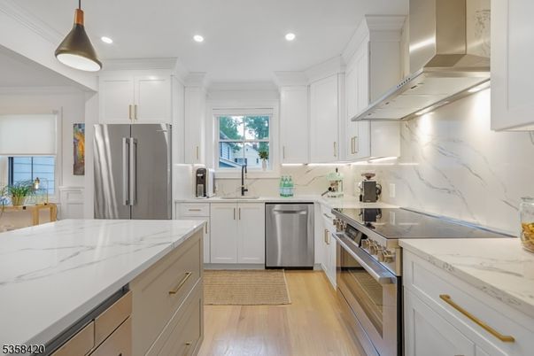 Interior, Kitchen, Pendant Lights, Recessed Lighting, Stainless Steel Appliances, Wood Texture Flooring