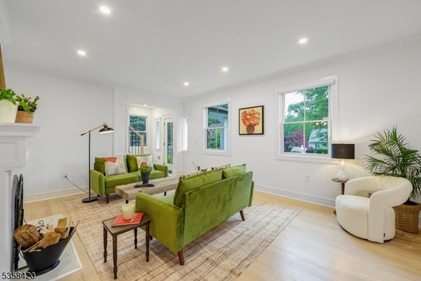 Fireplace, Interior, Living room, Recessed Lighting, Wood Texture Flooring