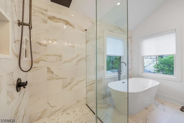 Bathroom, Free Standing Baths, Glass Shower, Interior, Marble, Marble Walls, Recessed Lighting