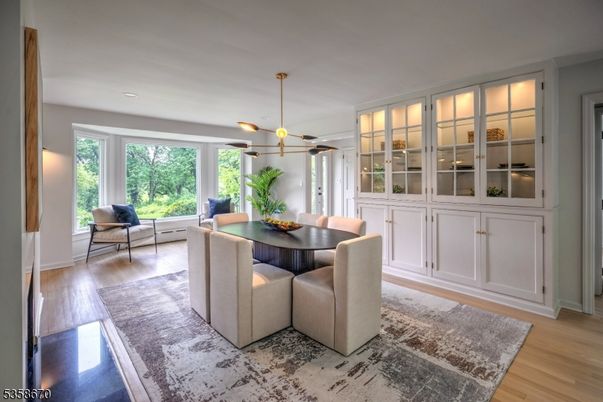 Dining room, Interior, Pendant Lights, Recessed Lighting, Wood Texture Flooring
