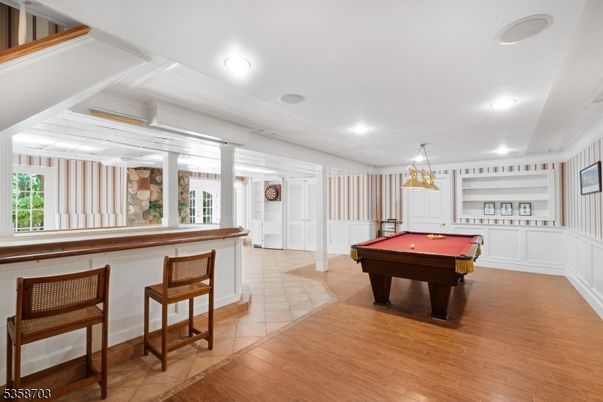 Billiard Table, Game Room, Interior, Pendant Lights, Recessed Lighting, Wood Texture Flooring