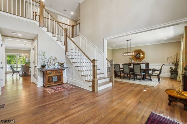 Chandelier, Dining room, Interior, Pendant Lights, Recessed Lighting, Wood Texture Flooring