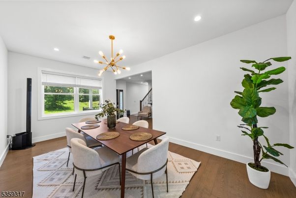 Dining room, Interior, Pendant Lights, Recessed Lighting, Wood Texture Flooring