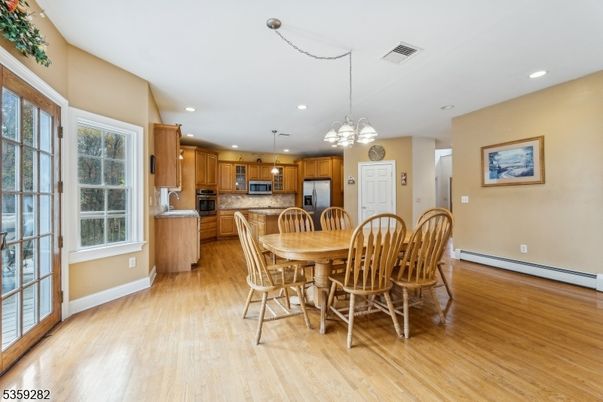 Dining room, Interior, Kitchen, Pendant Lights, Recessed Lighting, Stainless Steel Appliances, Wood Texture Flooring