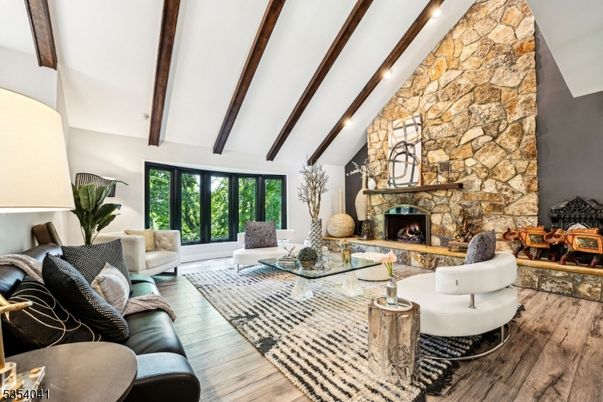 Fireplace, Interior, Living room, Stone Walls, Wooden Beams, Wood Texture Flooring