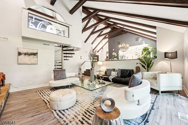 Chandelier, Interior, Living room, Pendant Lights, Wooden Beams, Wood Texture Flooring