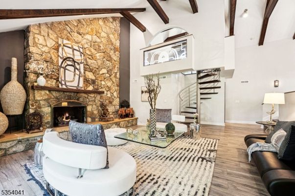 Fireplace, Interior, Living room, Stone Walls, Wooden Beams, Wood Texture Flooring