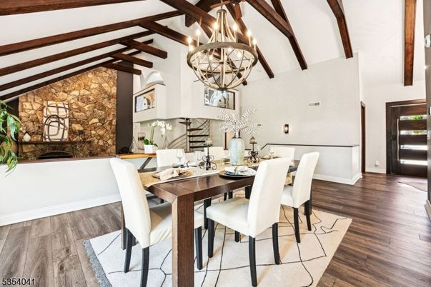 Chandelier, Dining room, Interior, Stone Walls, Wooden Beams, Wood Texture Flooring